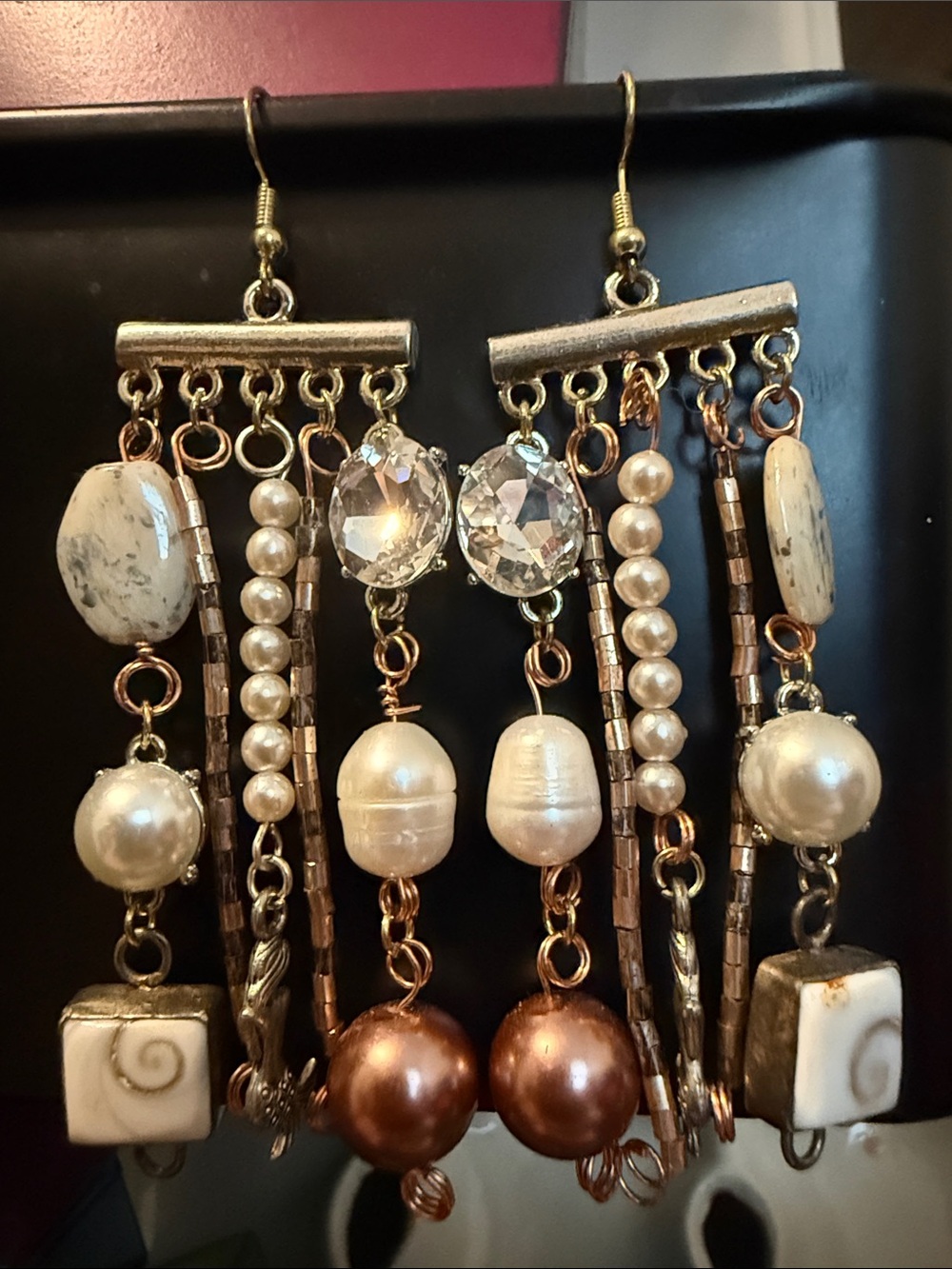 Boho Pearl and Crystal Dangle Earrings - Neutral Mix
